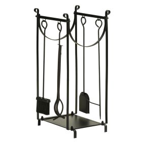 Firewood Rack with Fireplace Tools, Indoor Outdoor Firewood Holder, Flat Bottom with 2 Tiers for Fireplace, Wood Stove, Hearth or Fire Pit, Black